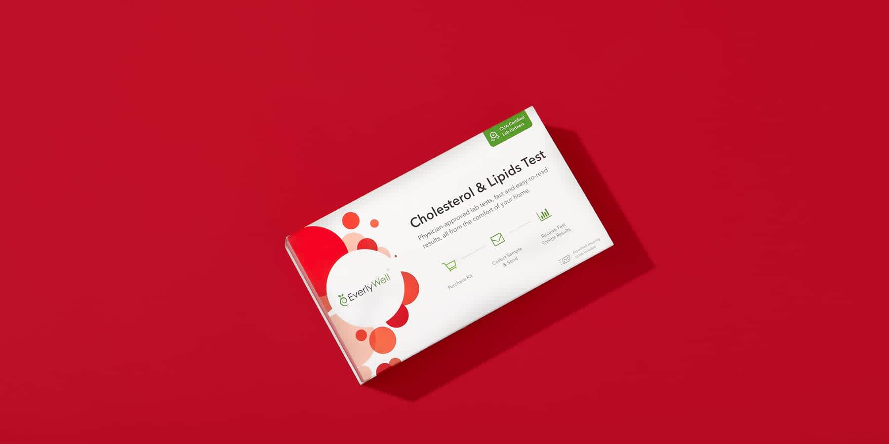 Everlywell Cholesterol Test box against a dark red background