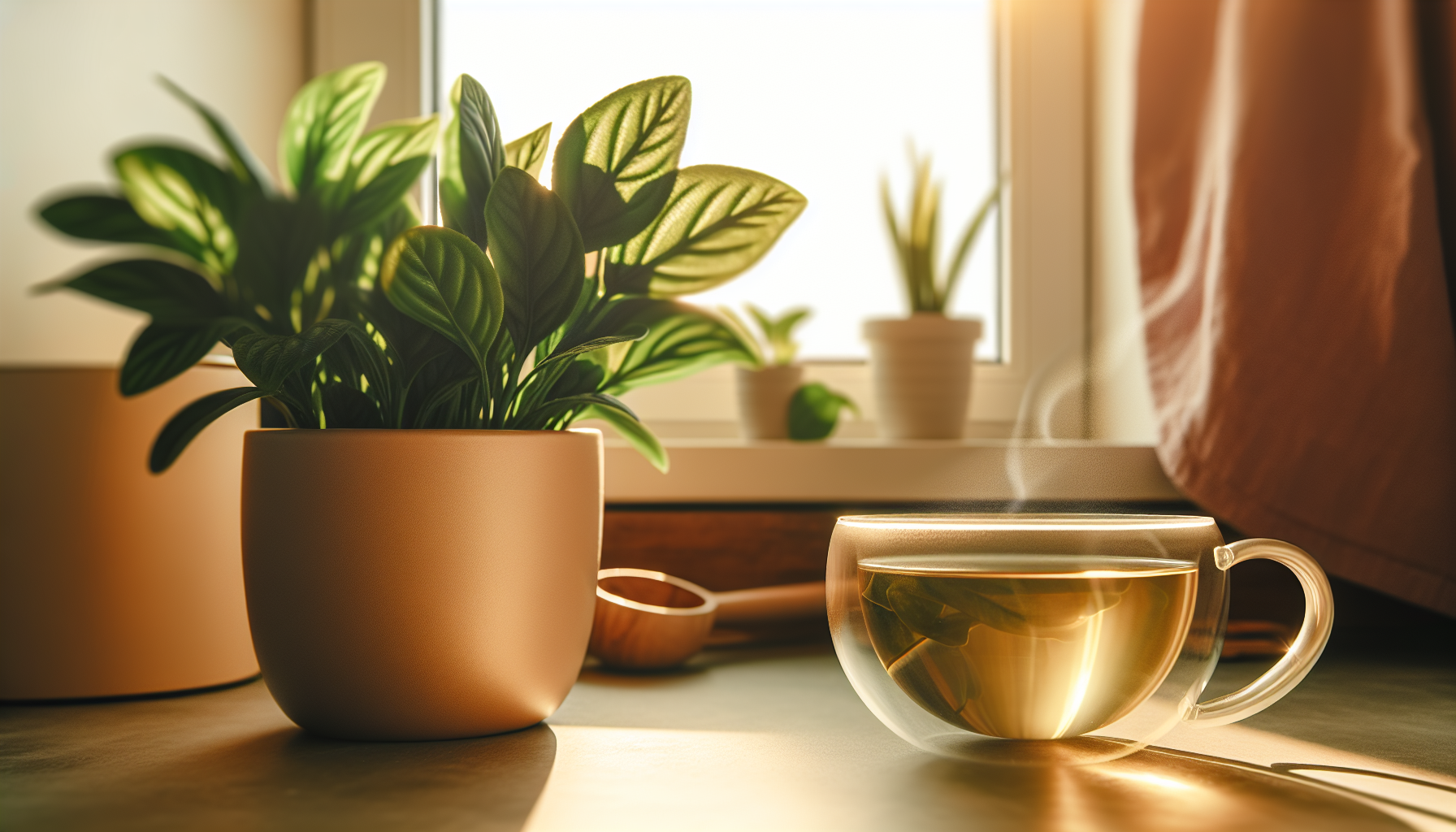 A cozy corner of a sunlit kitchen features a steaming cup of herbal tea next to a potted plant.