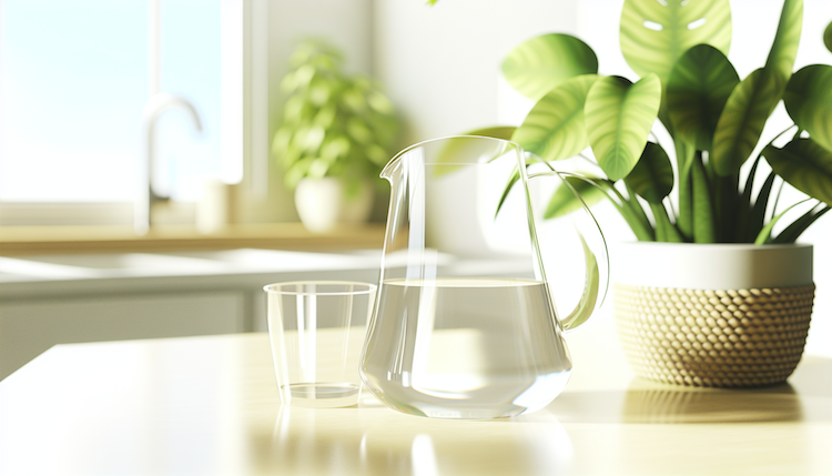 "A sleek glass pitcher of water sits on a bright kitchen counter beside a vibrant green plant, illuminated by sunlight."
