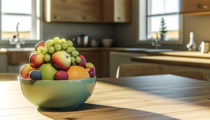 A neatly arranged bowl of vibrant fruits sits on a wooden kitchen table, sunlight highlighting their natural colors.