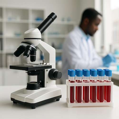 A close-up of a microscope and blood vials on a lab bench with a scientist working in the blurred background, representing cancer screening and diagnostic testing.