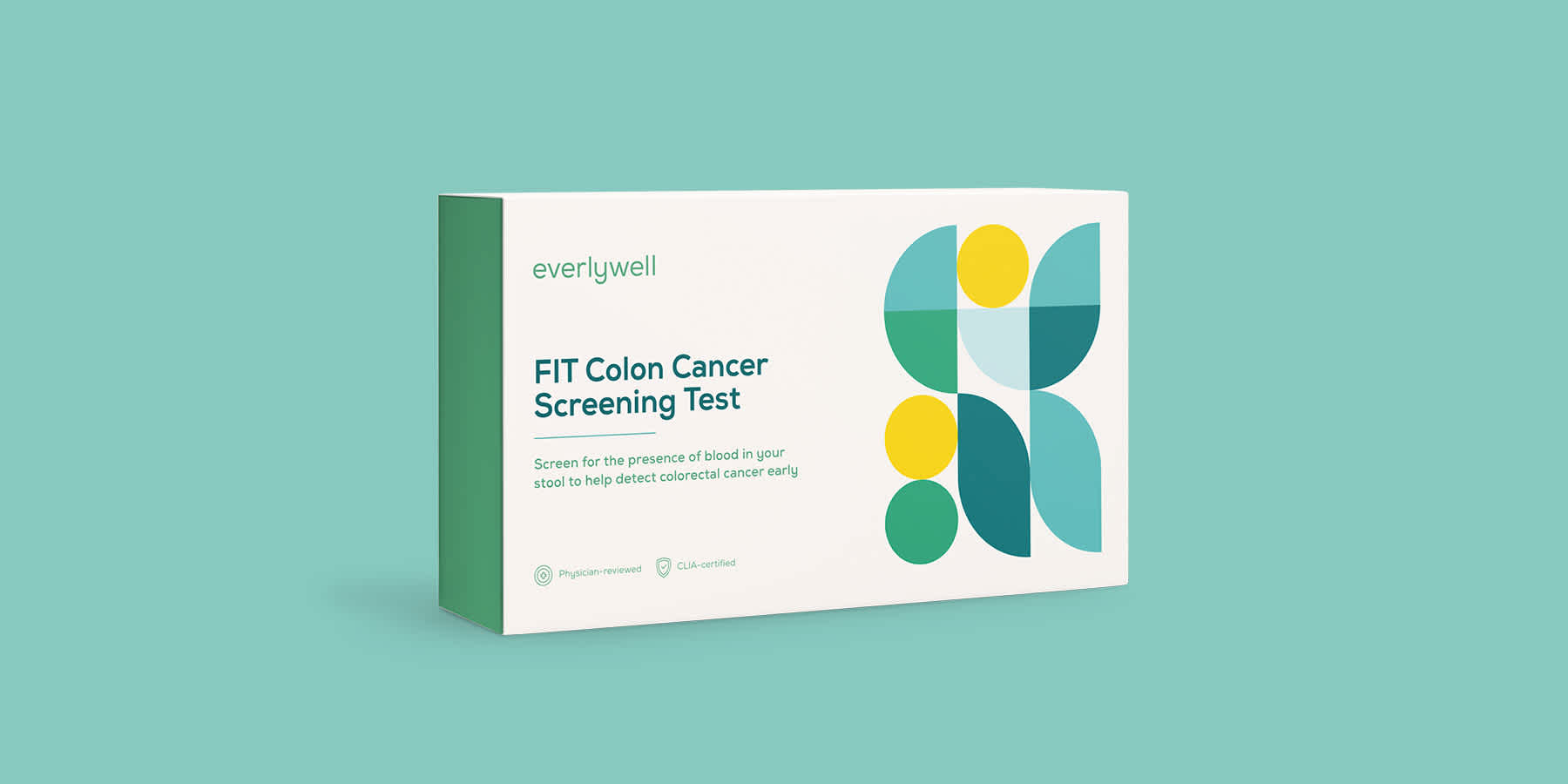 Everlywell Colon Cancer home test against blue-green background