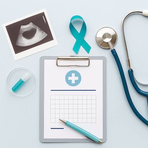 A flat lay of medical items including a teal awareness ribbon, stethoscope, ultrasound image, test tube, and clipboard arranged on a light blue background to represent testicular cancer screening and early detection.