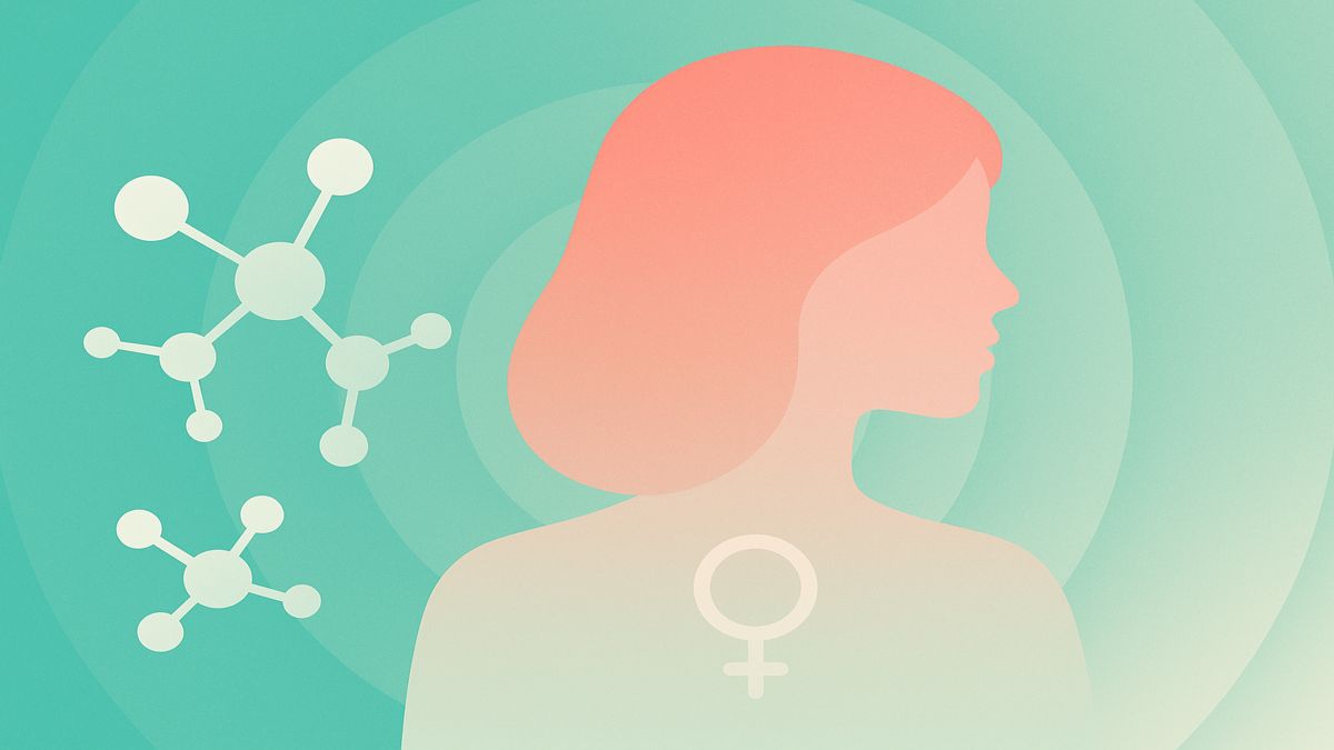 Abstract illustration of a woman’s profile with molecular shapes symbolizing hormone balance, in soft teal and coral tones representing testosterone’s role in women’s health.