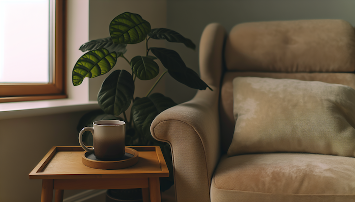 A cozy living room corner features a plush armchair, a small side table with a steaming mug of tea, and a leafy houseplant.