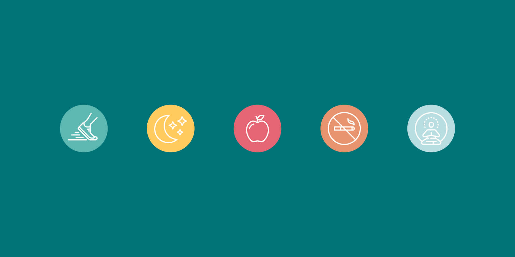 Multicolored icons against teal background illustrating different ways to support heart health