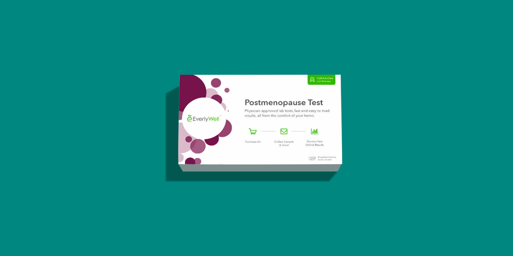 Everlywell Postmenopause Test against a teal background to help understand postmenopausal symptoms