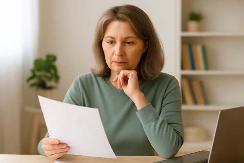 Photograph of a woman sitting at a desk, reviewing hormone health information, representing natural ways to lower testosterone in women