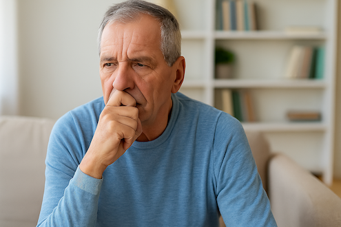 Older man in a light blue sweater sitting at home, thoughtfully reflecting on prostate cancer genetic screening and personal health decisions.