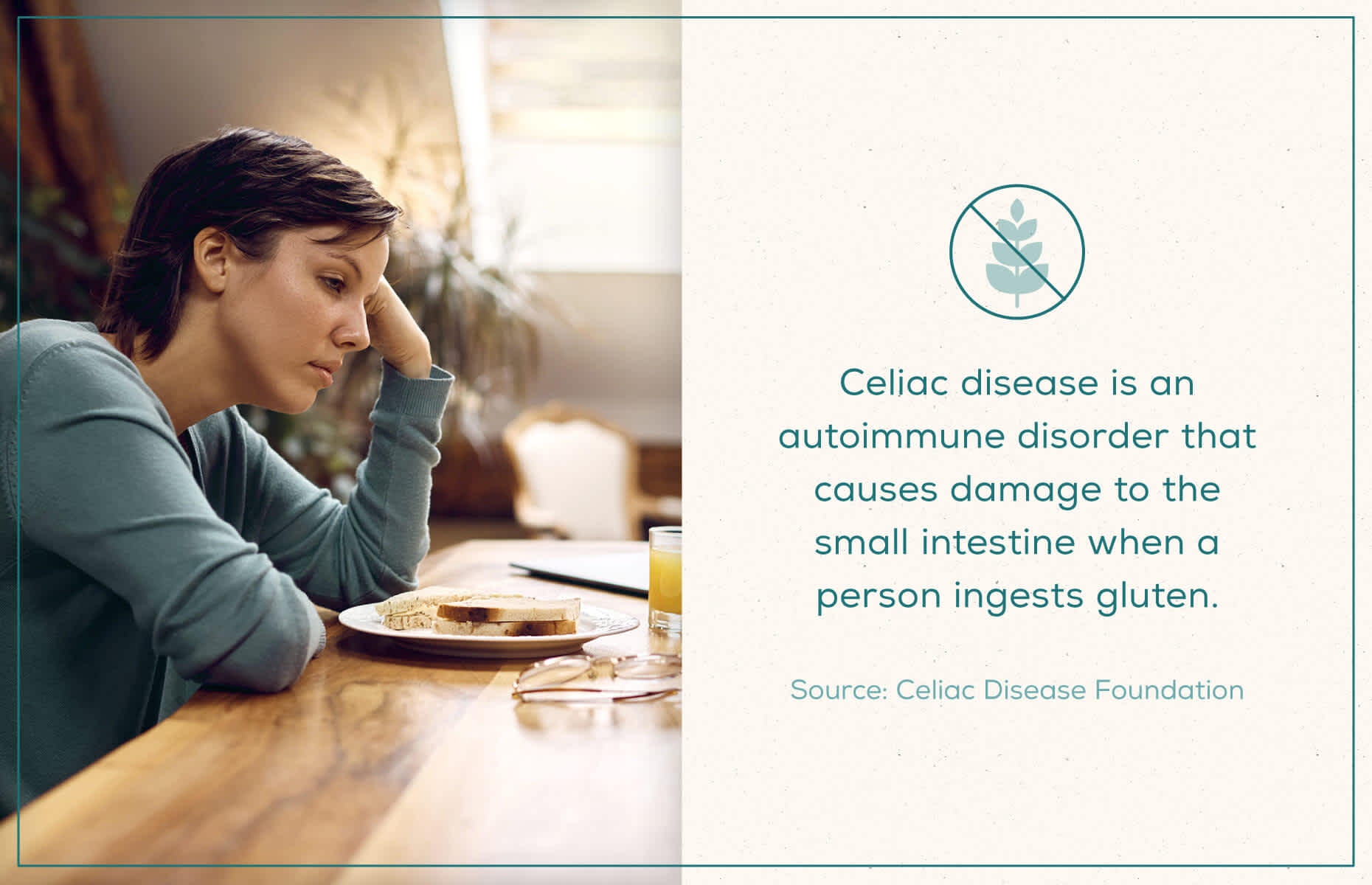 Woman with breakfast on table next to description of celiac disease
