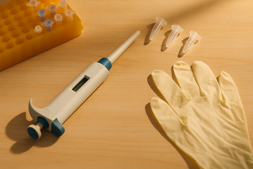 A warmly lit laboratory workstation with a pipette, microtubes, and gloves arranged neatly on a wooden surface, representing the sample preparation steps used in cell-free DNA testing.