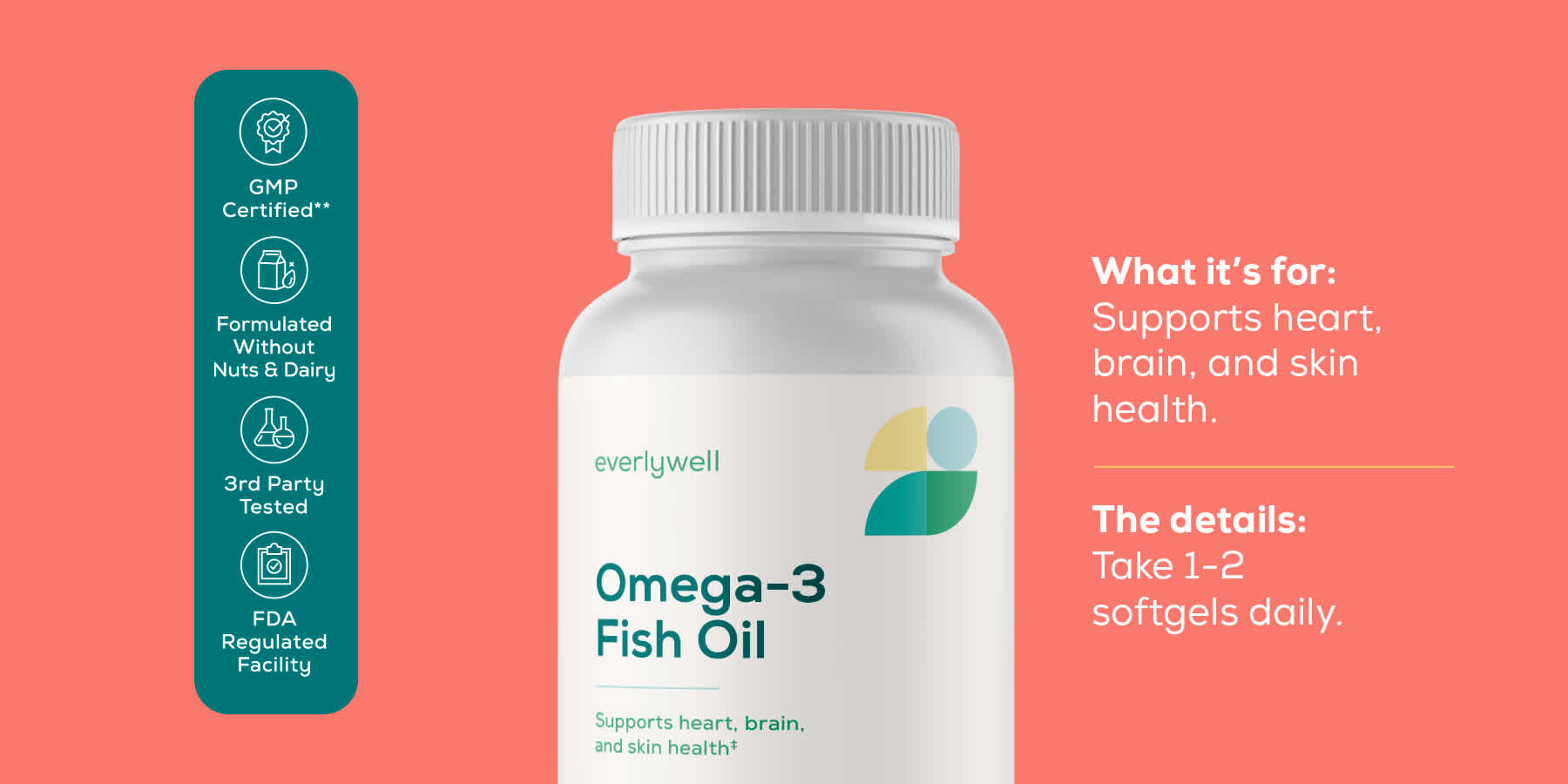 Bottle of Everlywell Omega-3 Fish Oil with description of possible benefits