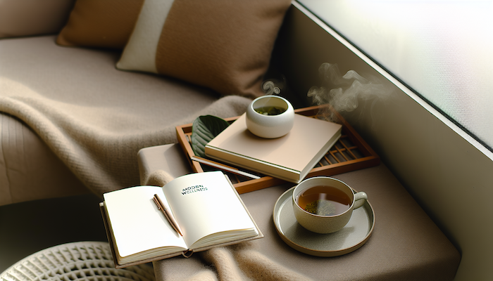 A cozy corner with a steaming cup of herbal tea and an open journal, inviting a moment of relaxation.