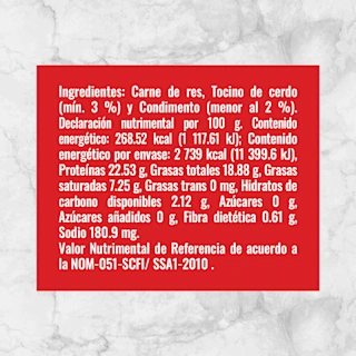 80154 HAMBURGUESA RES CON TOCINO MM 1.02Kg info nutrimental