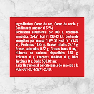 81587 Hamburguesa de res Sazonado arrachera Info nutrimental