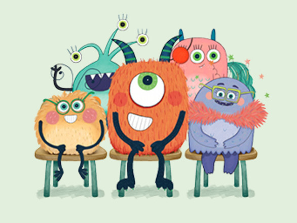 A group of cartoon monsters sitting on chairs.