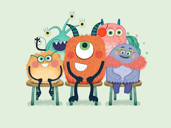 Five colorful cartoon monsters with unique features sit together on benches, smiling at the viewer against a plain light background.
