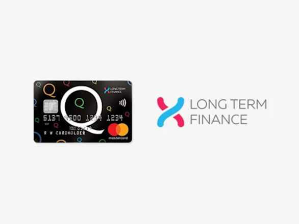 A black Mastercard credit card with a colorful design is shown next to the Long Term Finance logo and text on a white background.