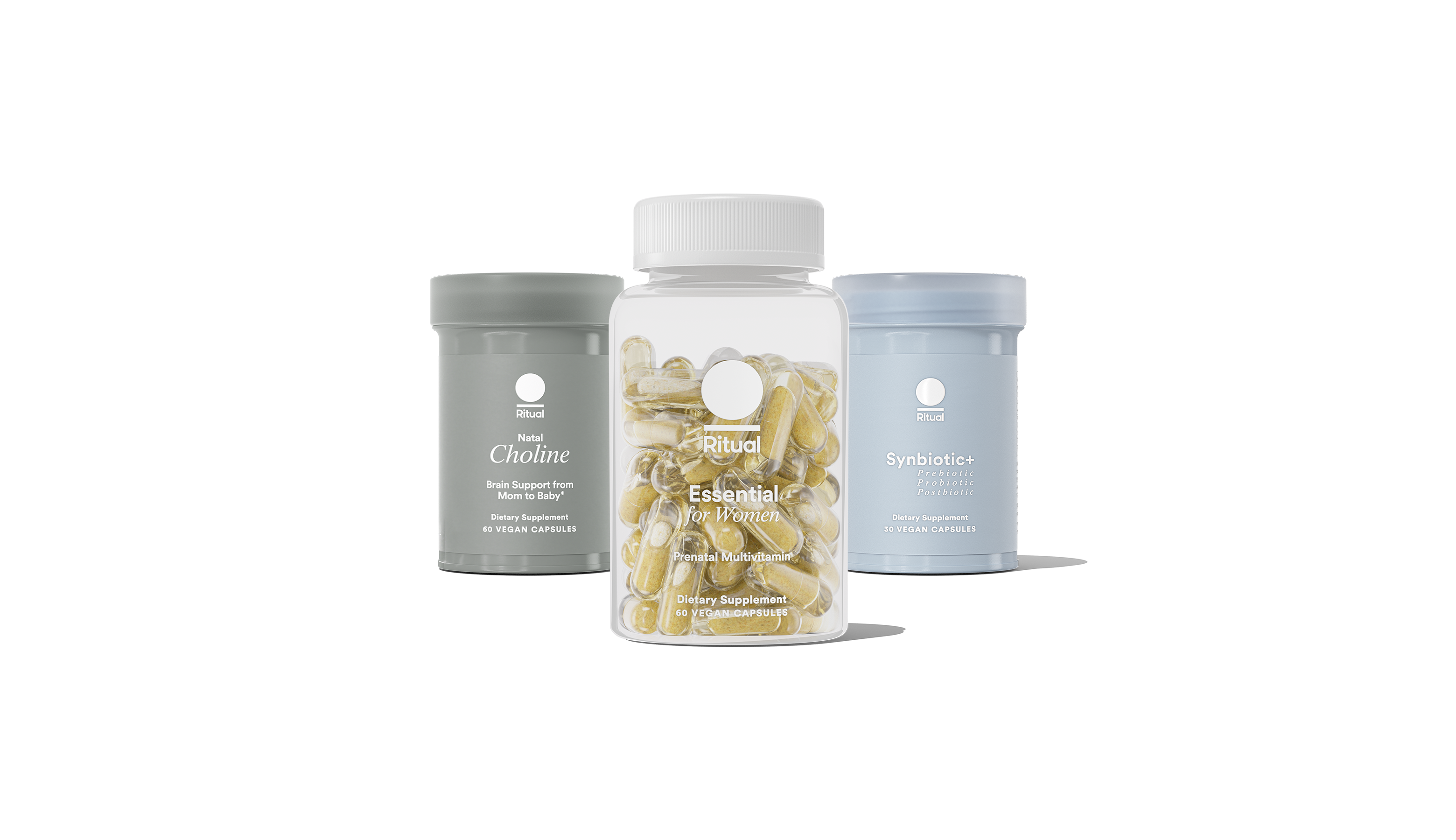 Bottles of Essential Prenatal, Natal Choline and Synbiotic+ on a transparent background. 