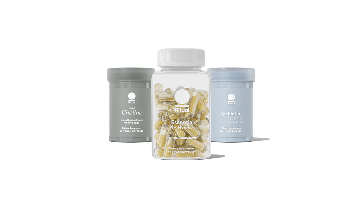 Bottles of Essential Prenatal, Natal Choline and Synbiotic+ on a transparent background.