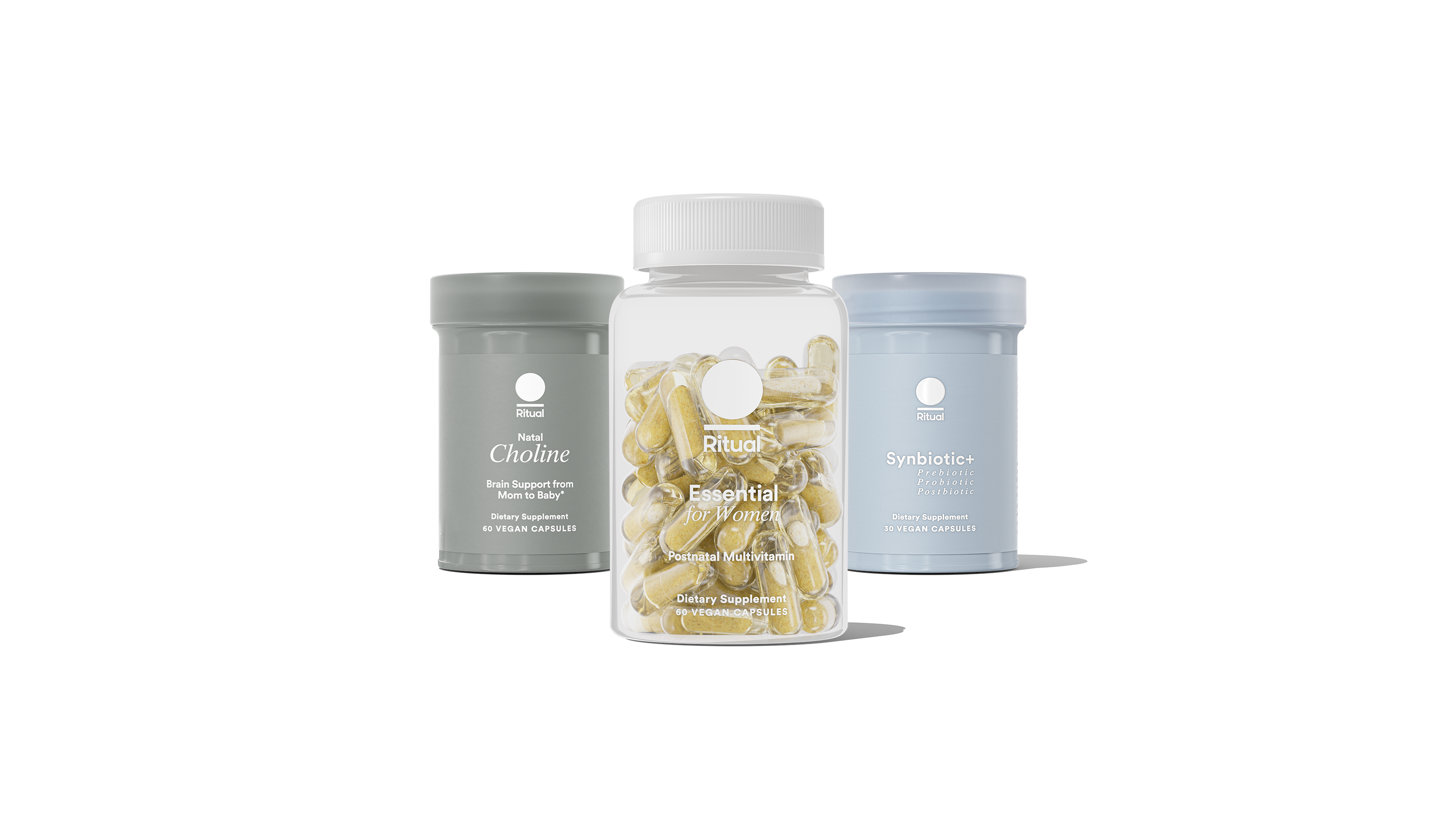 Bottles of Essential Postnatal, Synbiotic+ and  Natal Choline on a transparent background. 