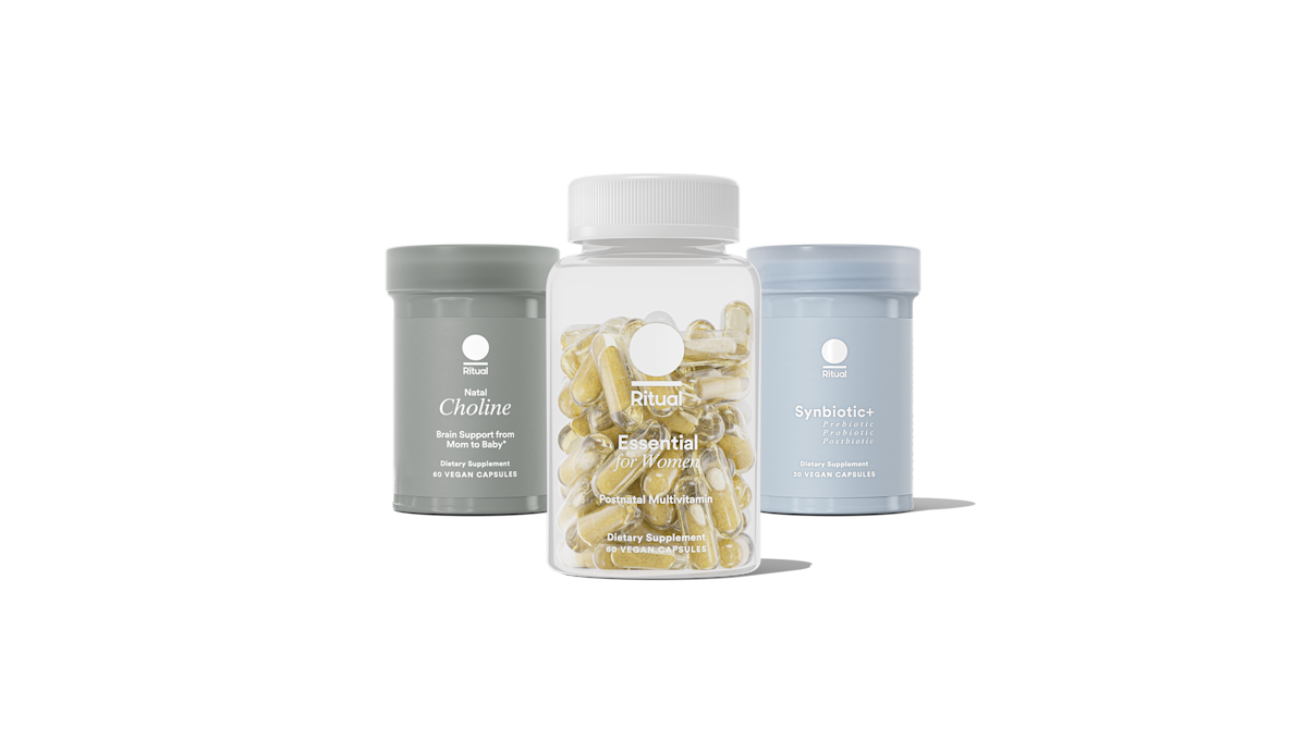 Bottles of Essential Postnatal, Synbiotic+ and  Natal Choline on a transparent background.