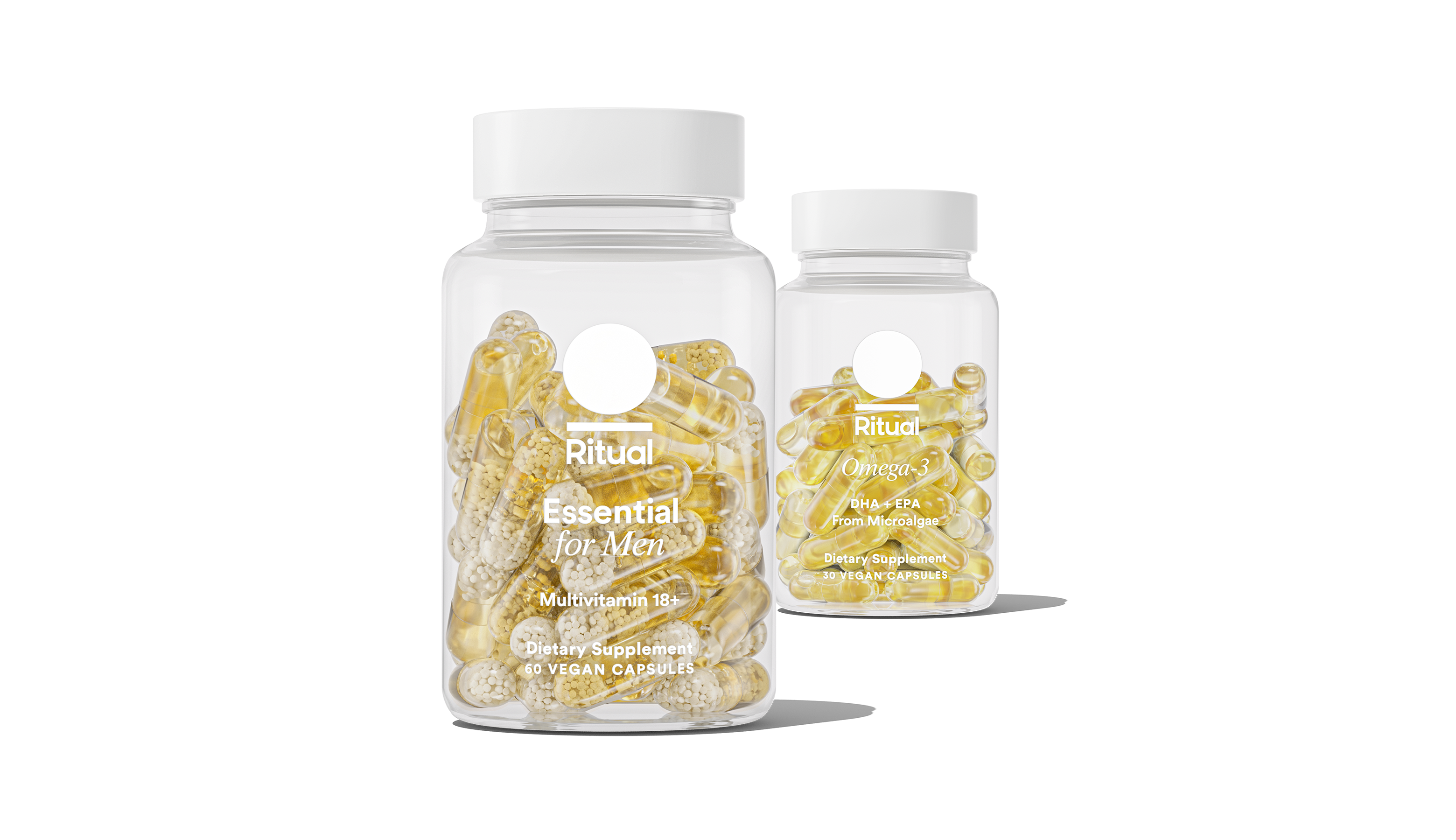 Bottles of Essential for Men 18+ and Omega-3 DHA & EPA on a transparent background. 