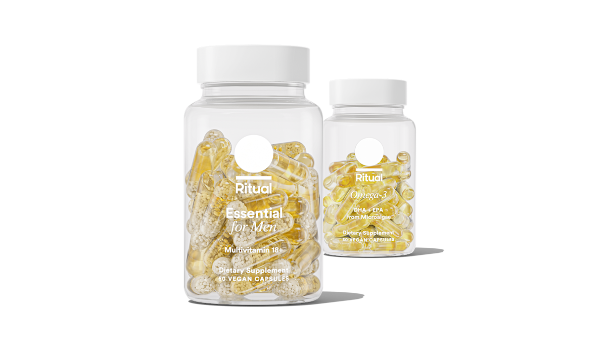 Bottles of Essential for Men 18+ and Omega-3 DHA & EPA on a transparent background.