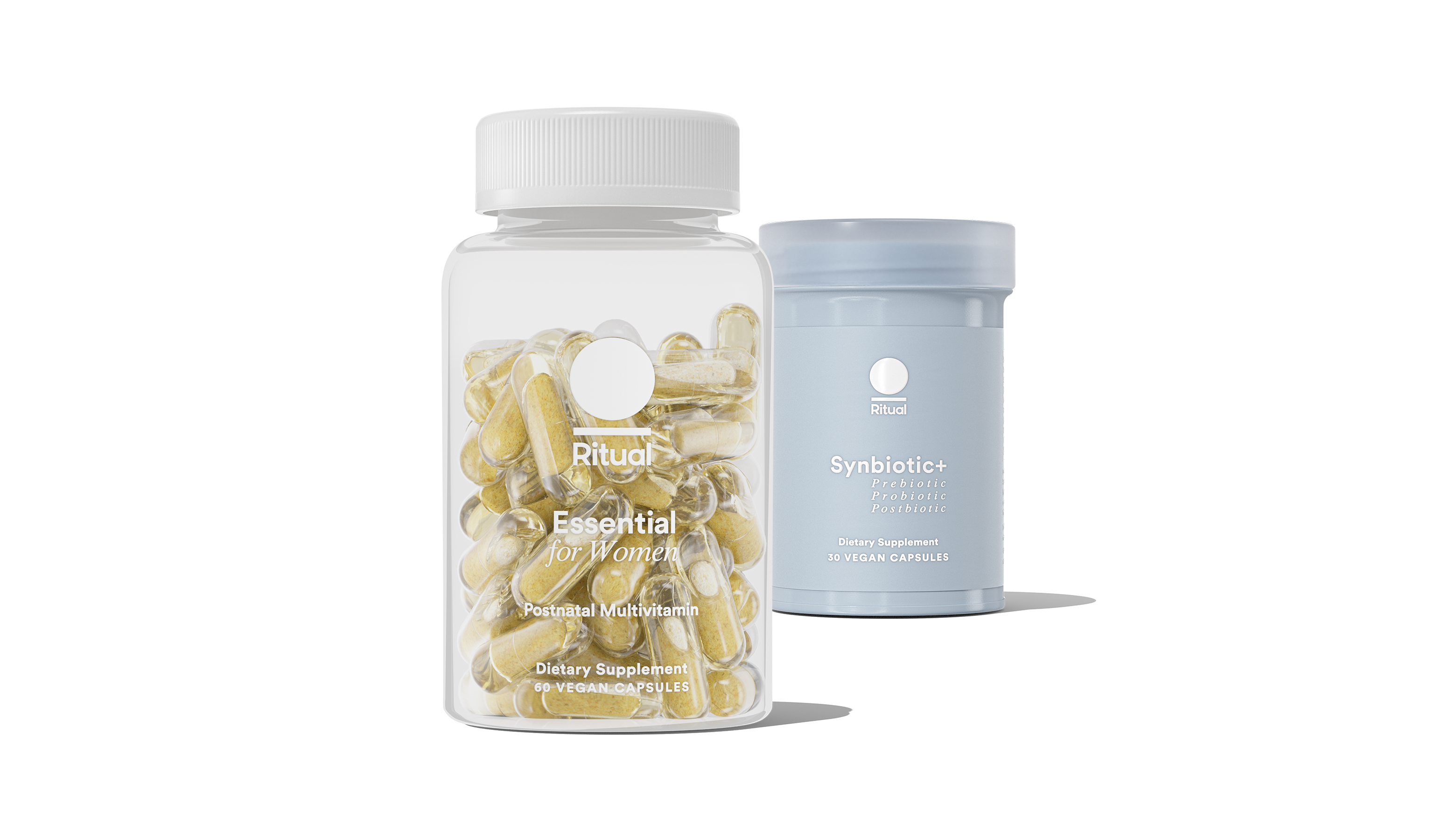 Bottles of Essential Postnatal and Synbiotic+ on a transparent background. 