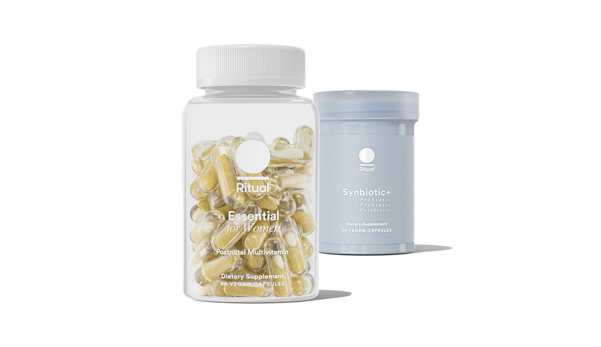 Bottles of Essential Postnatal and Synbiotic+ on a transparent background.