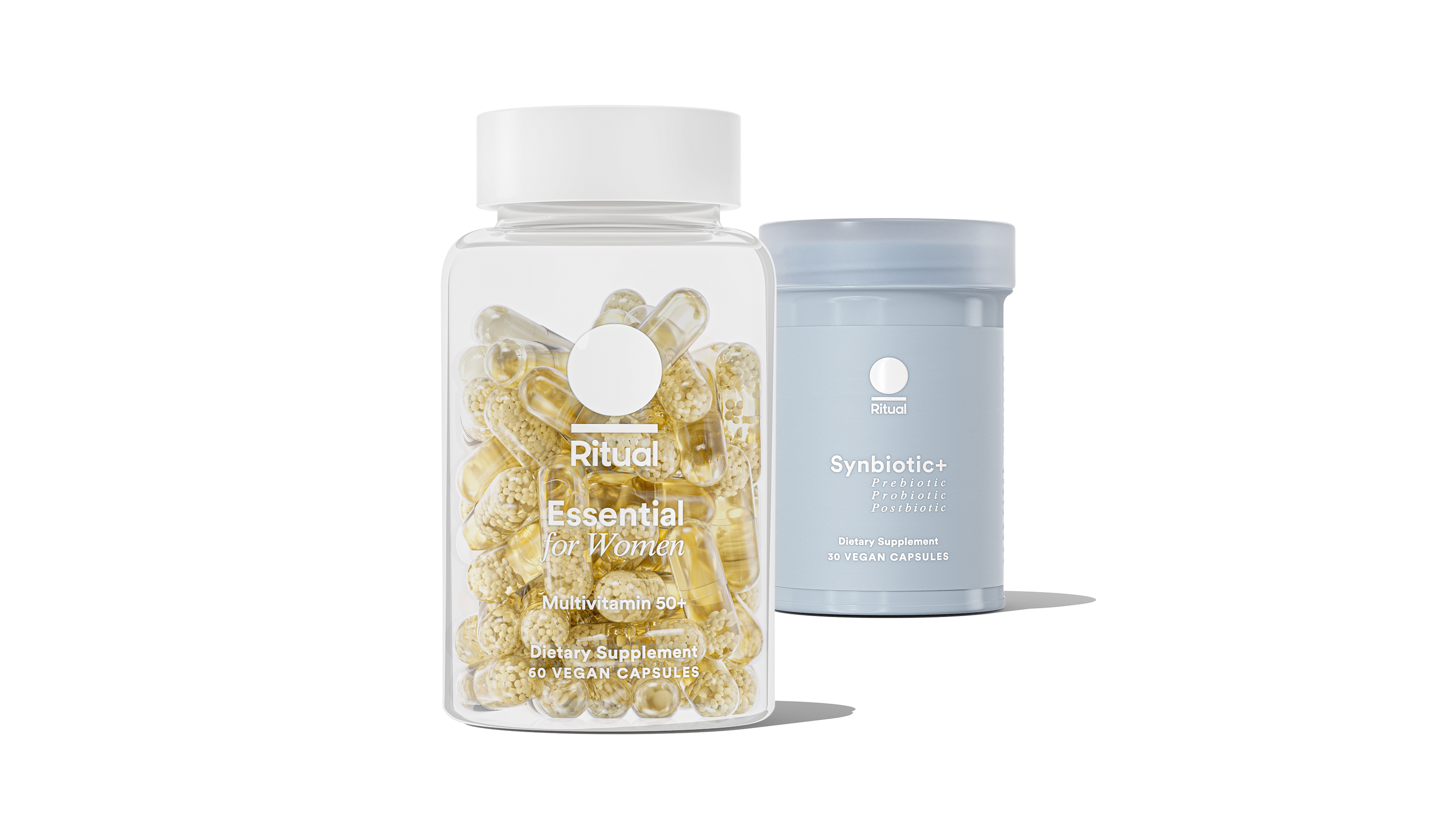 Bottles of Essential for Women 50+ and Synbiotic+ on a transparent background. 