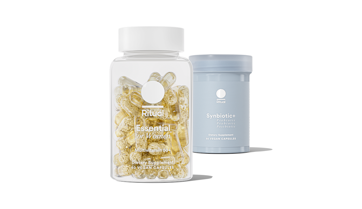 Bottles of Essential for Women 50+ and Synbiotic+ on a transparent background.