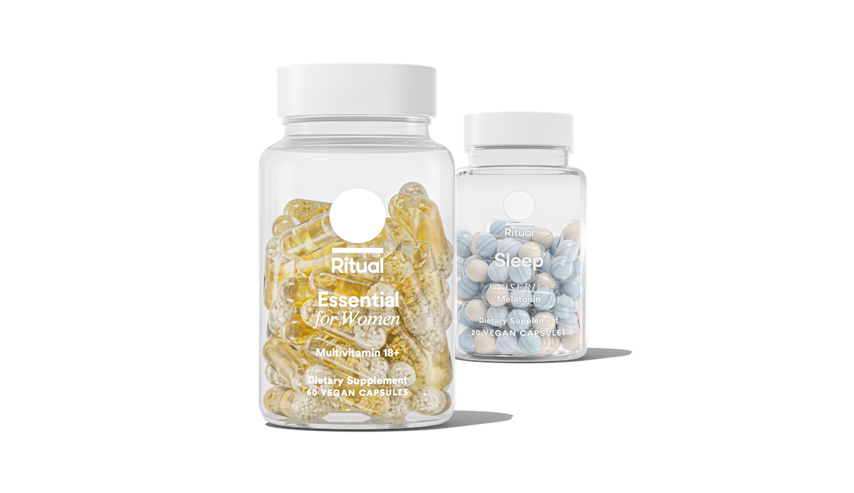 Bottle of Essential for Women 18+ and bottle of BioSeries™ Melatonin on a transparent background.