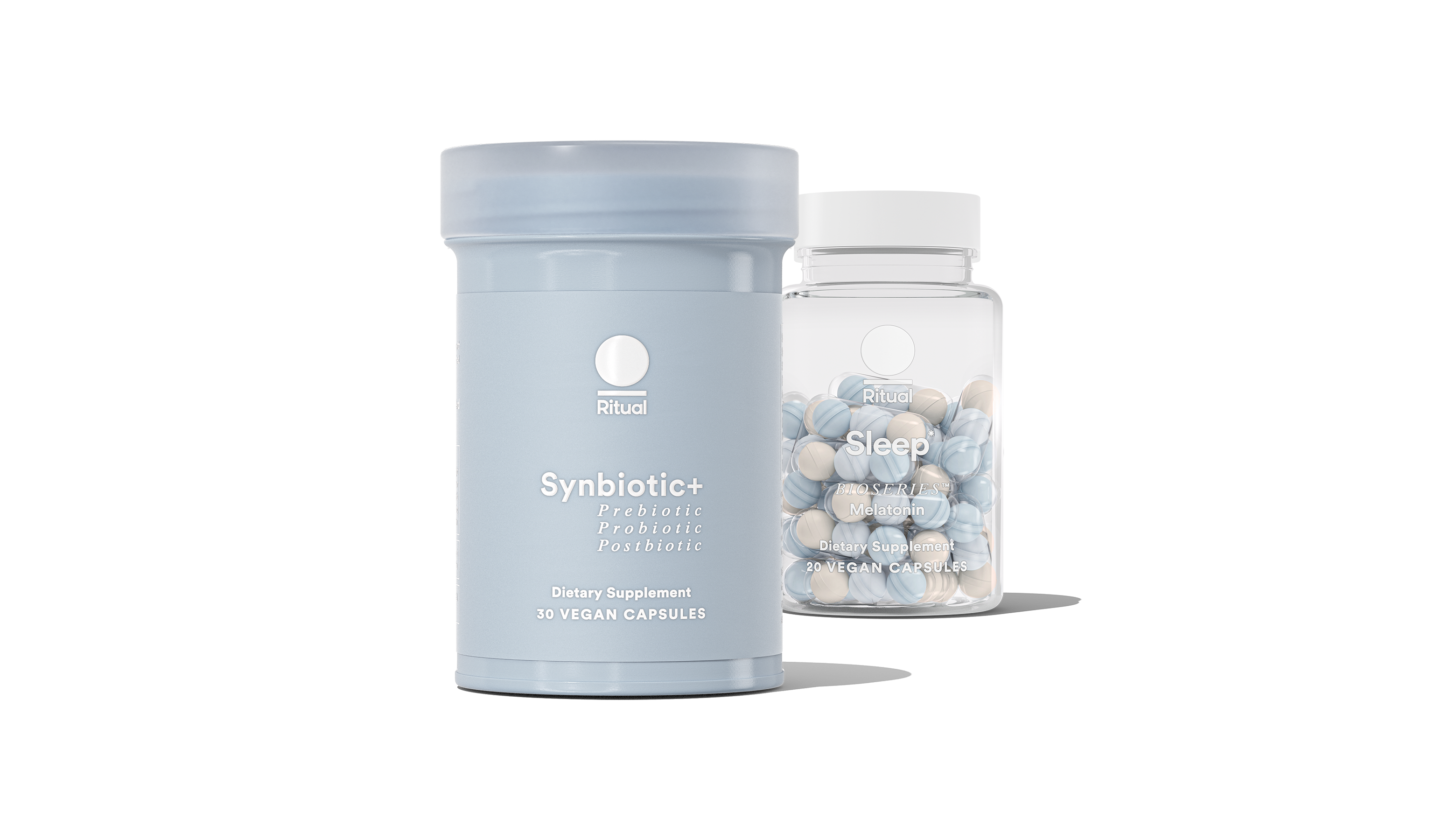 Bottles of Synbiotic+ and BioSeries™ Melatonin on a transparent background. 