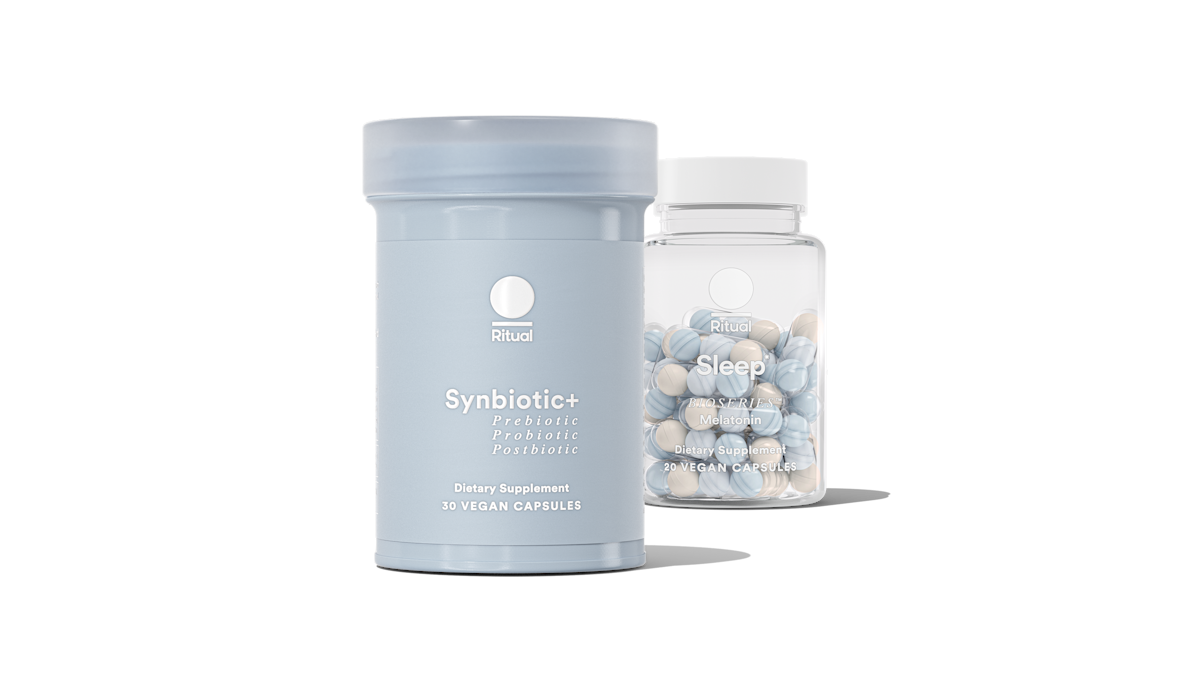 Bottles of Synbiotic+ and BioSeries™ Melatonin on a transparent background.