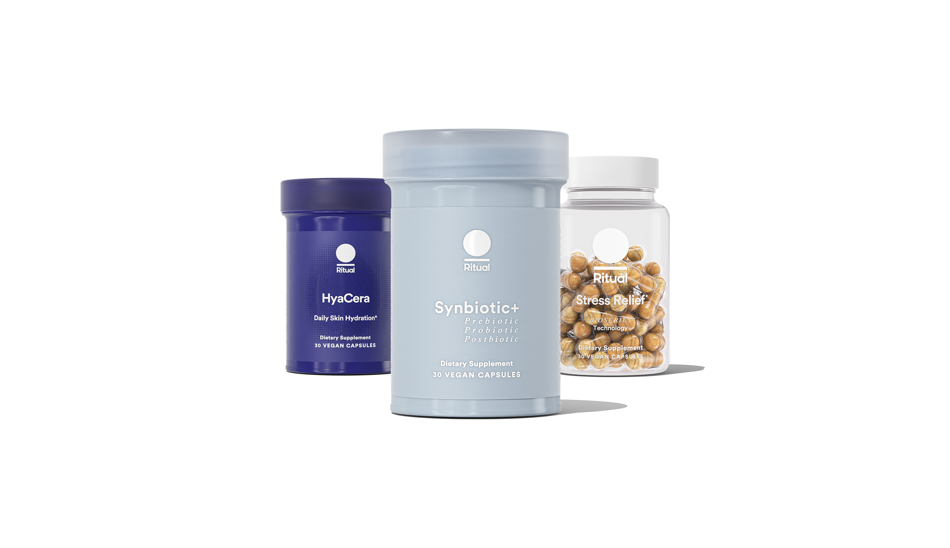 Bottles of Stress Relief, HyaCera™ and BioSeries™ Melatonin on a transparent background. 