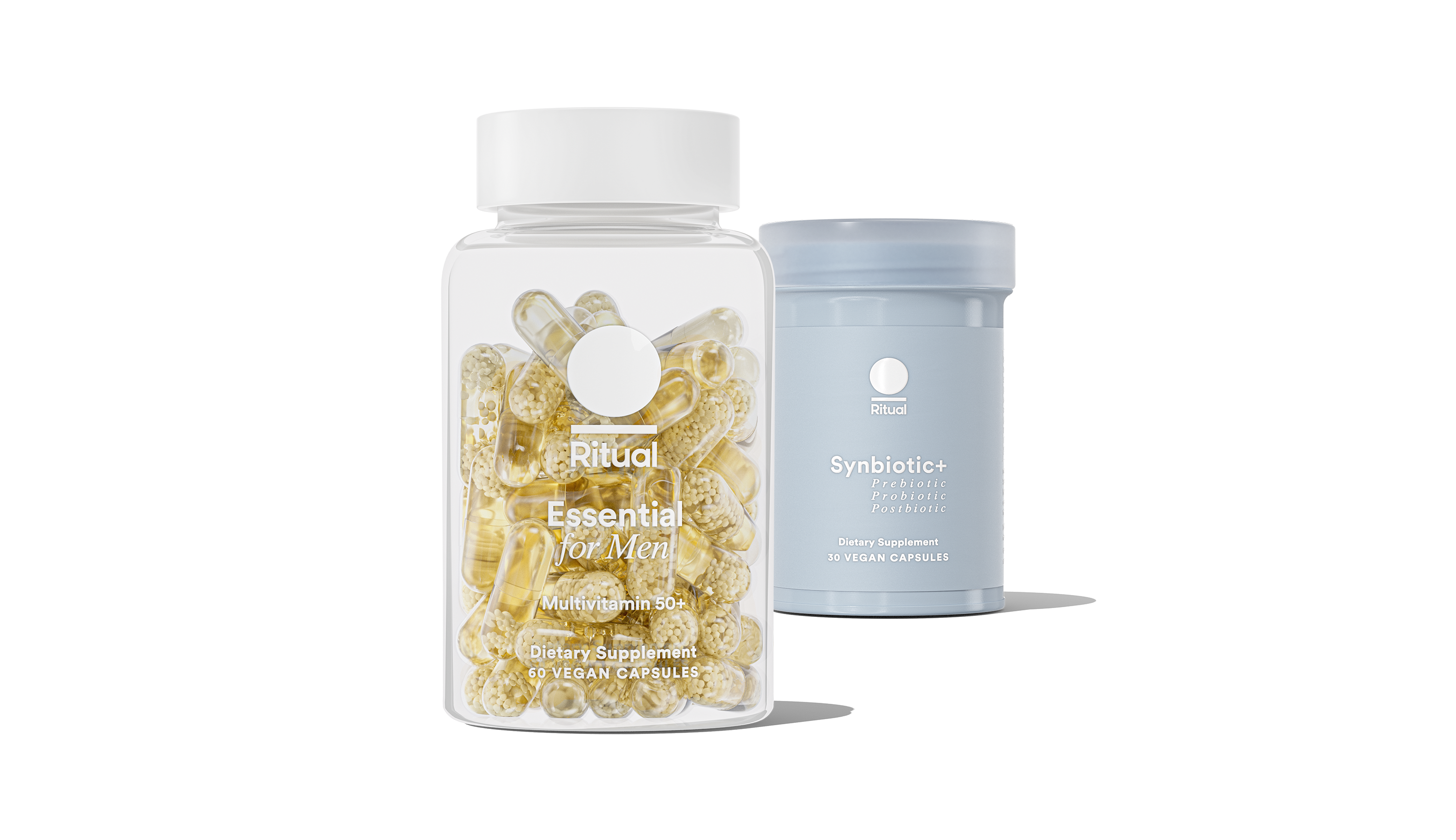 Bottles of Essential for Men 50+ and Synbiotic+ on a transparent background.