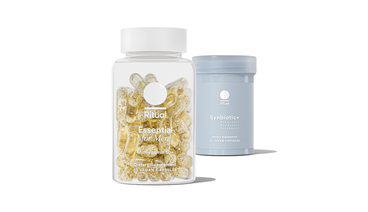 Bottles of Essential for Men 50+ and Synbiotic+ on a transparent background.