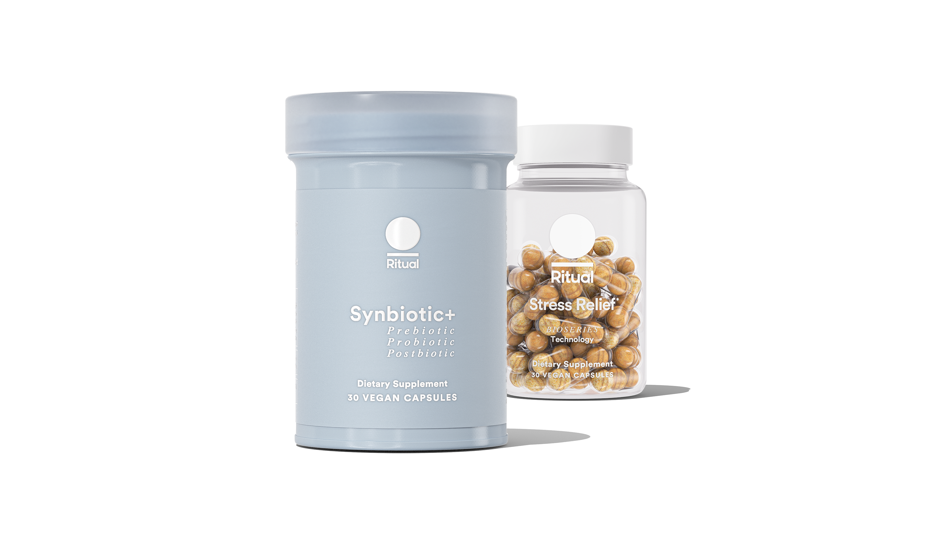 Bottles of Synbiotic+ and Stress Relief on a transparent background. 