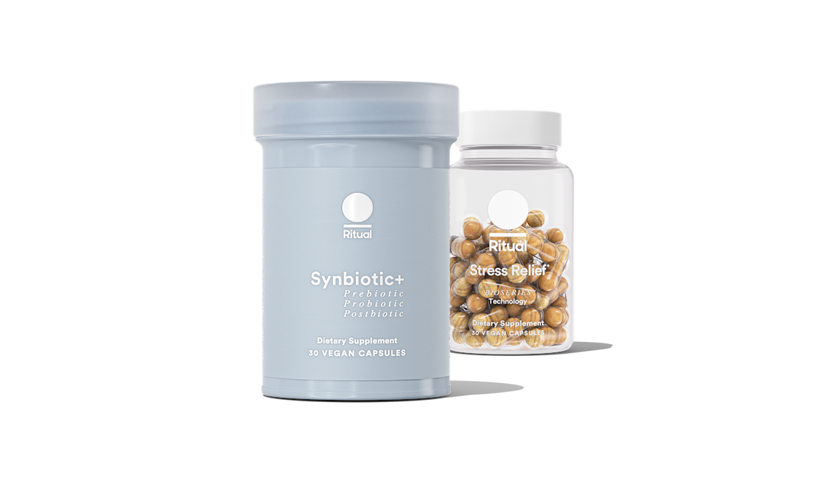 Bottles of Synbiotic+ and Stress Relief on a transparent background.