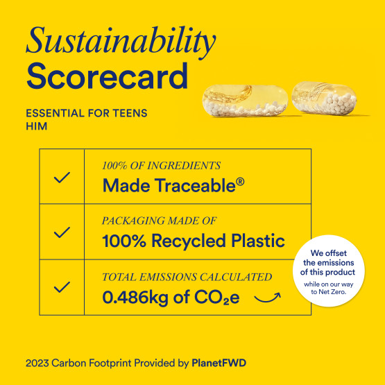 Sustainability scorecard listing the ingredient traceability, packaging sustainability, and carbon footprint for Ritual Essential for Teens (His)