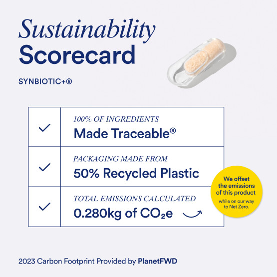 Sustainability scorecard listing the ingredient traceability, packaging sustainability, and carbon footprint for Ritual Synbiotic+