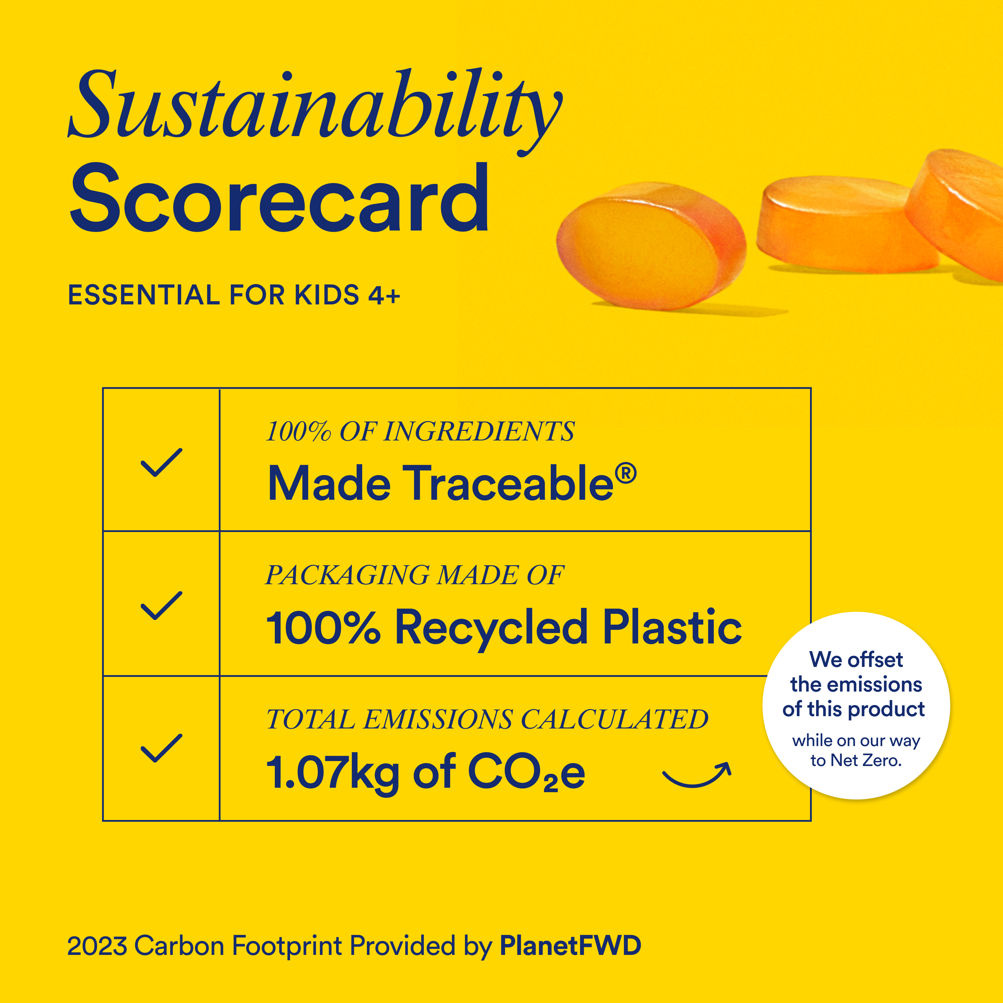 Sustainability scorecard listing the ingredient traceability, packaging sustainability, and carbon footprint for Ritual Essential for Kids 4+