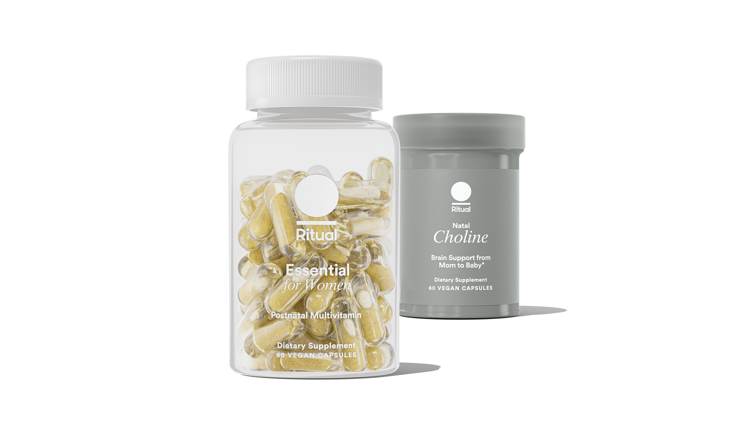 Bottles of Essential Postnatal and Natal Choline on a transparent background. 