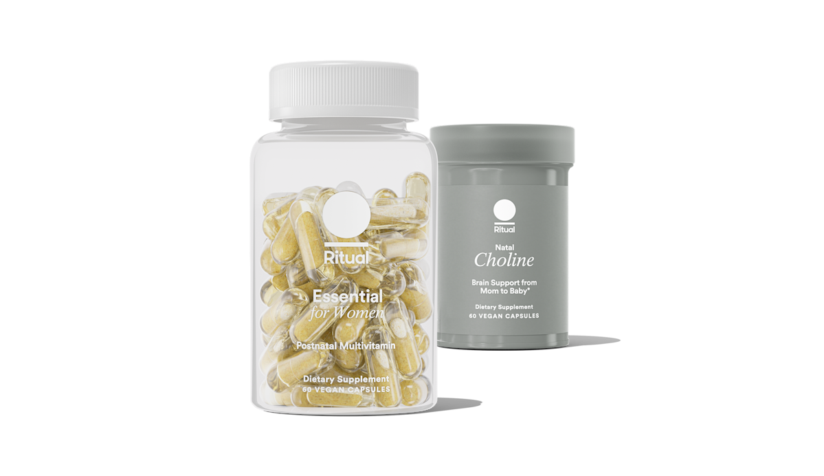 Bottles of Essential Postnatal and Natal Choline on a transparent background.