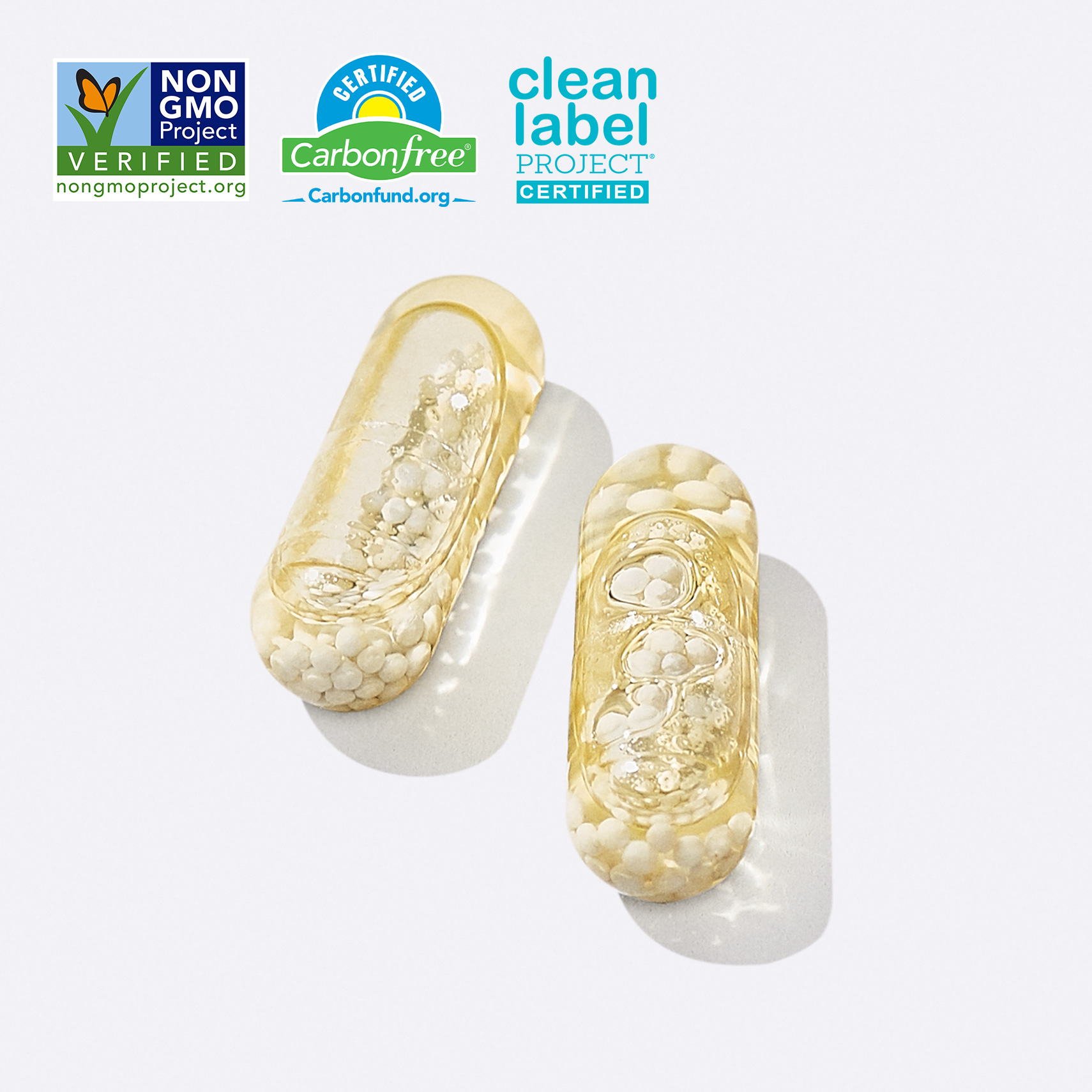 Clear capsules with Non GMO Verified, Certified Carbon Free, and Clean Label Project Certified Badges.