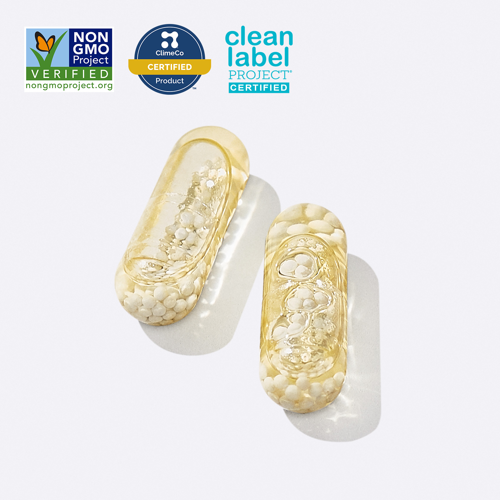 Clear capsules with Non GMO Verified, ClimeCo Certified, and Clean Label Project Certified Badges.