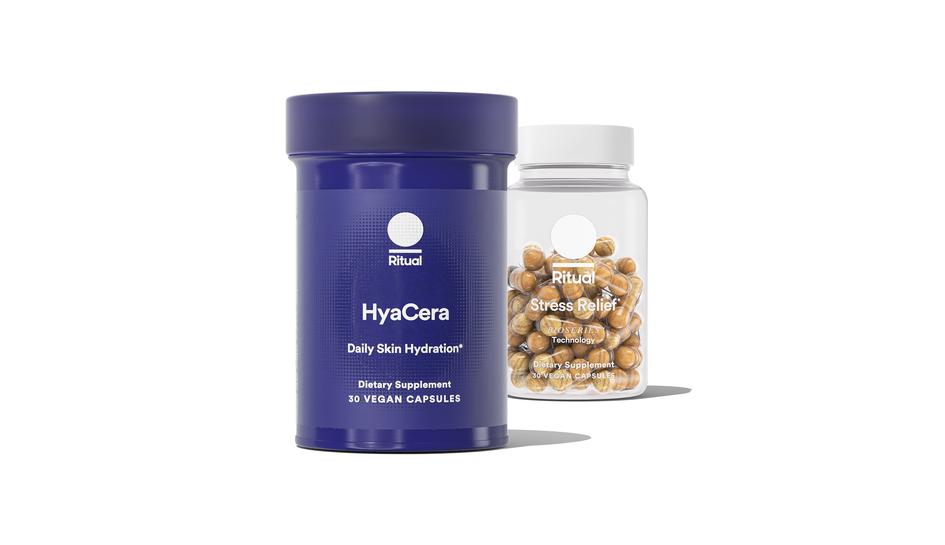 Bottles of HyaCera™ and Stress Relief on a transparent background. 