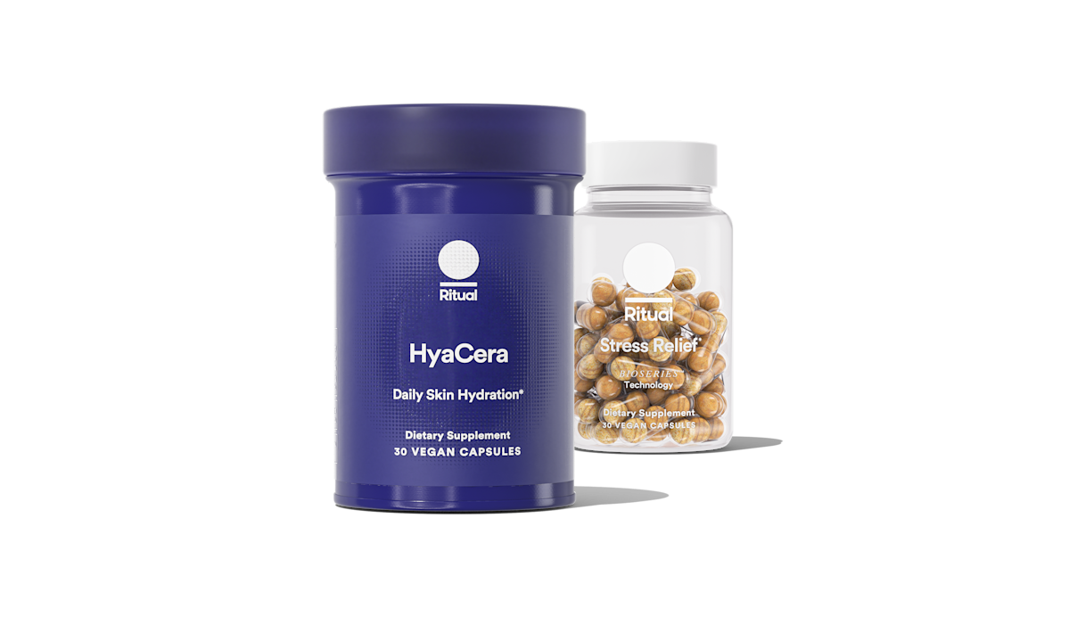 Bottles of HyaCera™ and Stress Relief on a transparent background.