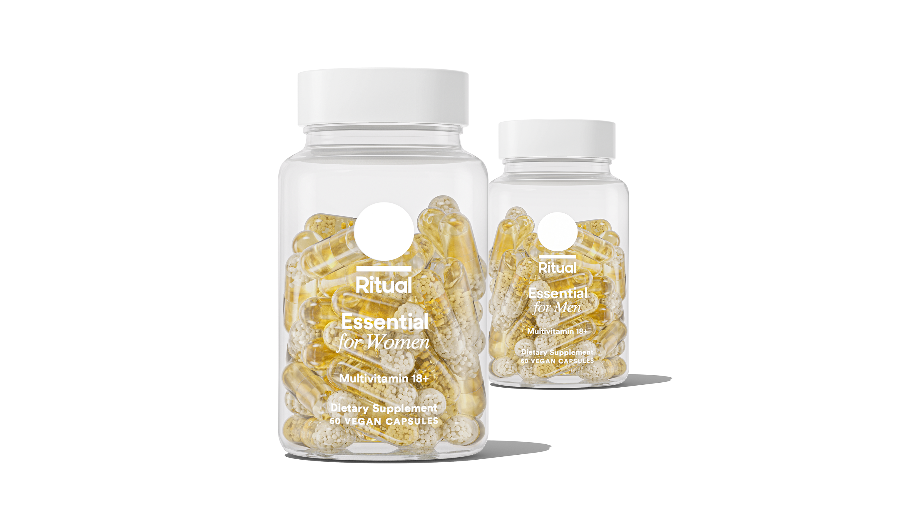 Bottles of Essential for Women 18+ and Essential for Men 18+ on a transparent background.